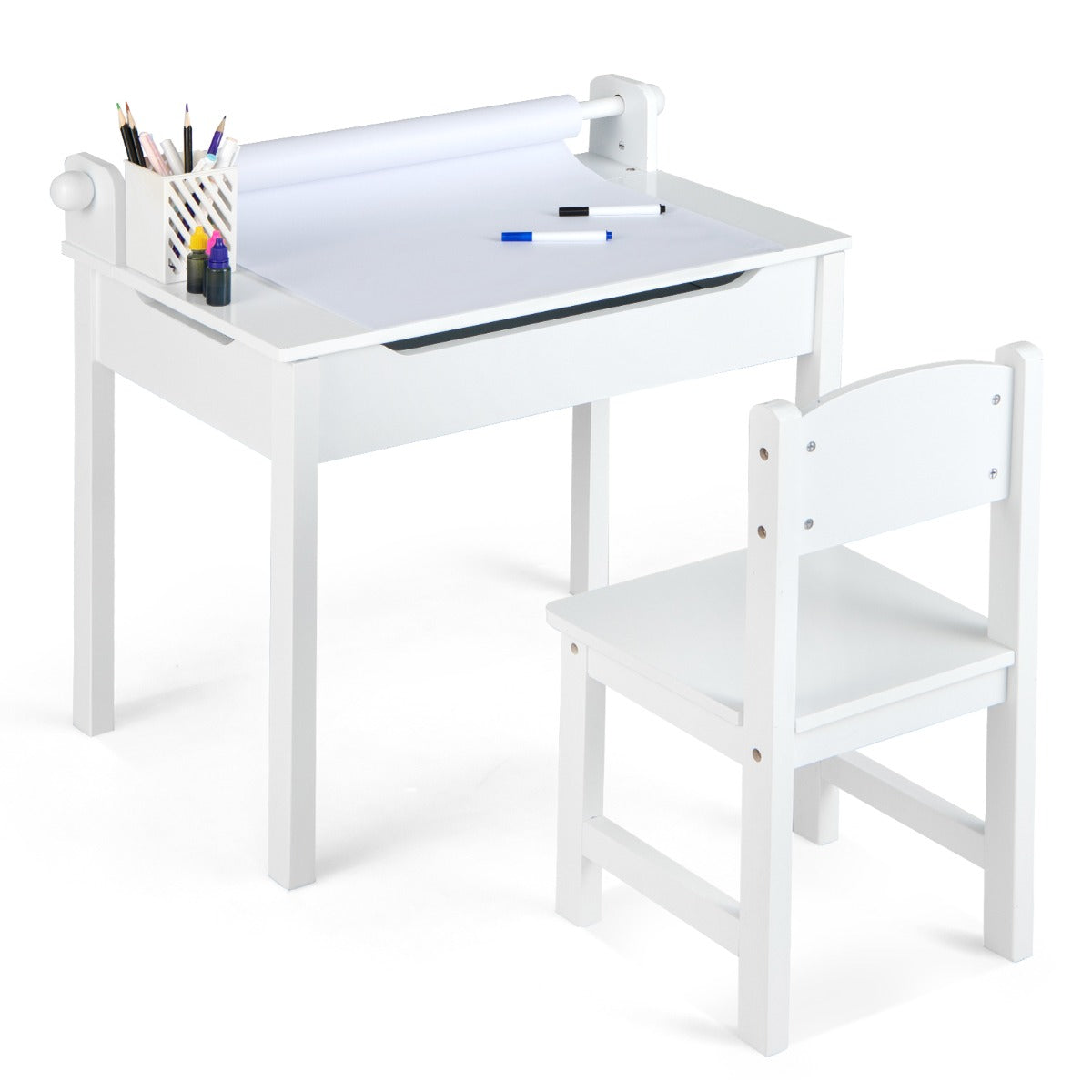 LIVSK Activiteitentafel en Stoelset - Inclusief Papierrolhouder - Opberglade - Veilig Ontwerp - Massief Hout en MDF - Wit