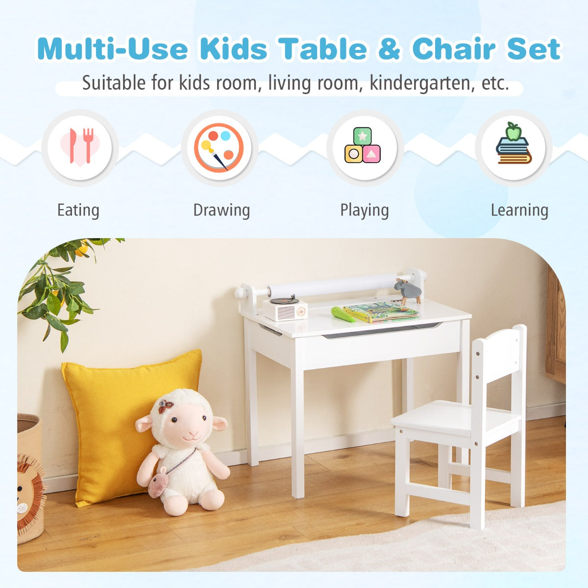 LIVSK Activiteitentafel en Stoelset - Inclusief Papierrolhouder - Opberglade - Veilig Ontwerp - Massief Hout en MDF - Wit