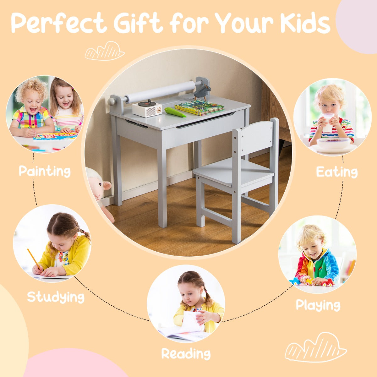 LIVSK Kinderactiviteitentafel Set - Met Papierrolhouder en Opberglade - Veilig Ontwerp - Massief Hout en MDF - Grijs