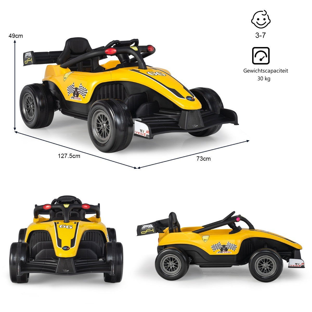 LIVSK Kinderauto met Afstandsbediening - Race Thema - Schokabsorberende Wielen - Voor 3-7 Jaar - Tot 30 kg - Geel