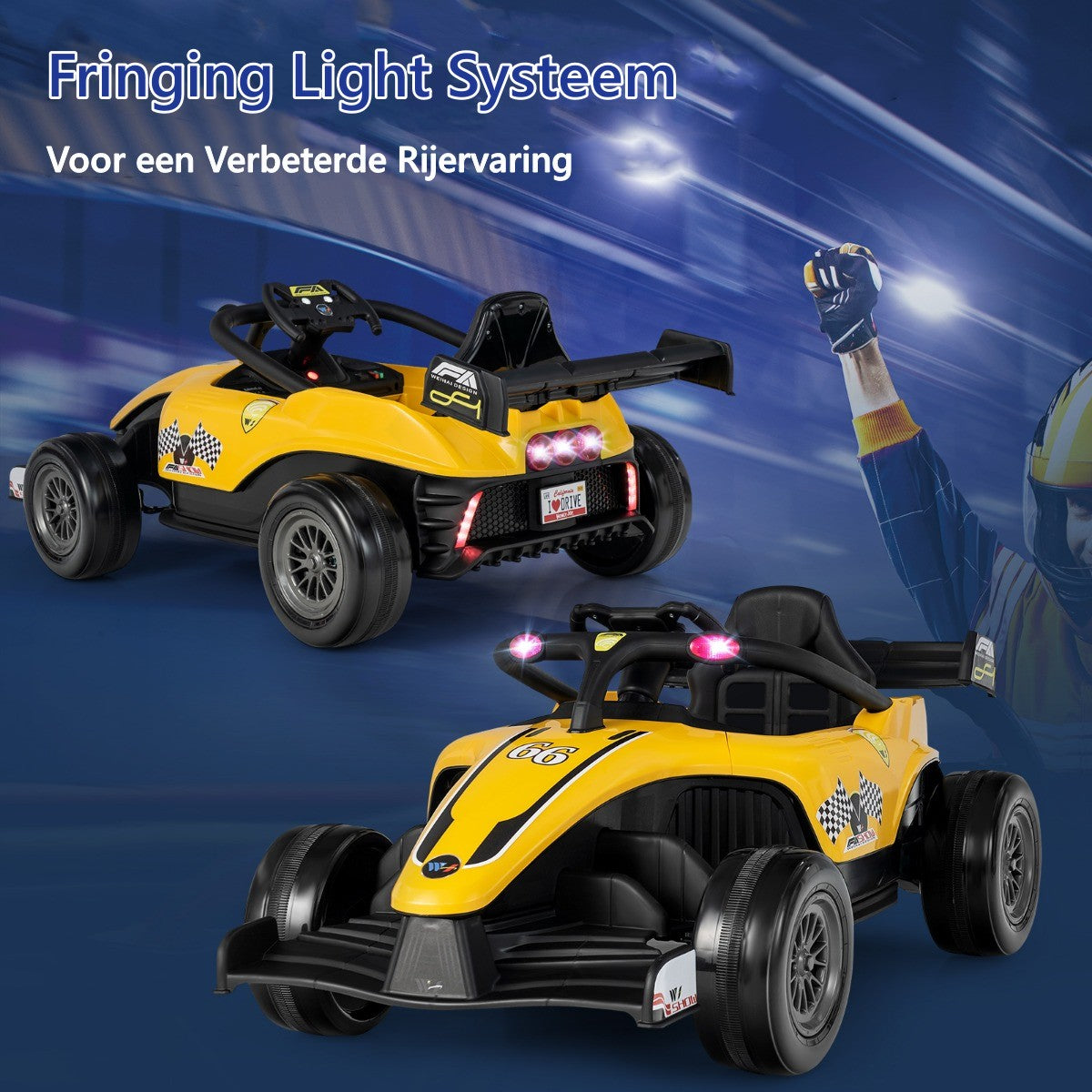 LIVSK Kinderauto met Afstandsbediening - Race Thema - Schokabsorberende Wielen - Voor 3-7 Jaar - Tot 30 kg - Geel
