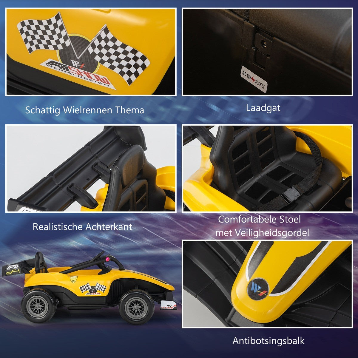 LIVSK Kinderauto met Afstandsbediening - Race Thema - Schokabsorberende Wielen - Voor 3-7 Jaar - Tot 30 kg - Geel