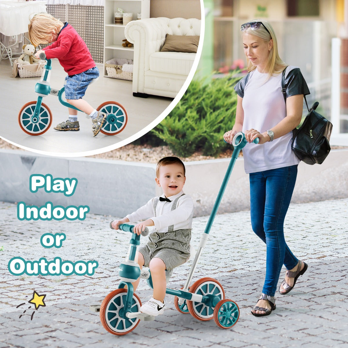 LIVSK 4-in-1 Kinderdriewieler - Loopfiets, Trapfiets, Duwfiets - Afneembare Pedalen - Verstelbare Hoogte - Groen