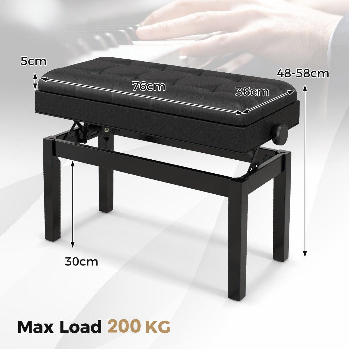 LIVSK Duetten Pianobank - Verstelbare Hoogte 48-58 cm - Opbergruimte voor Bladmuziek - Voor 2 Spelers - Zwart