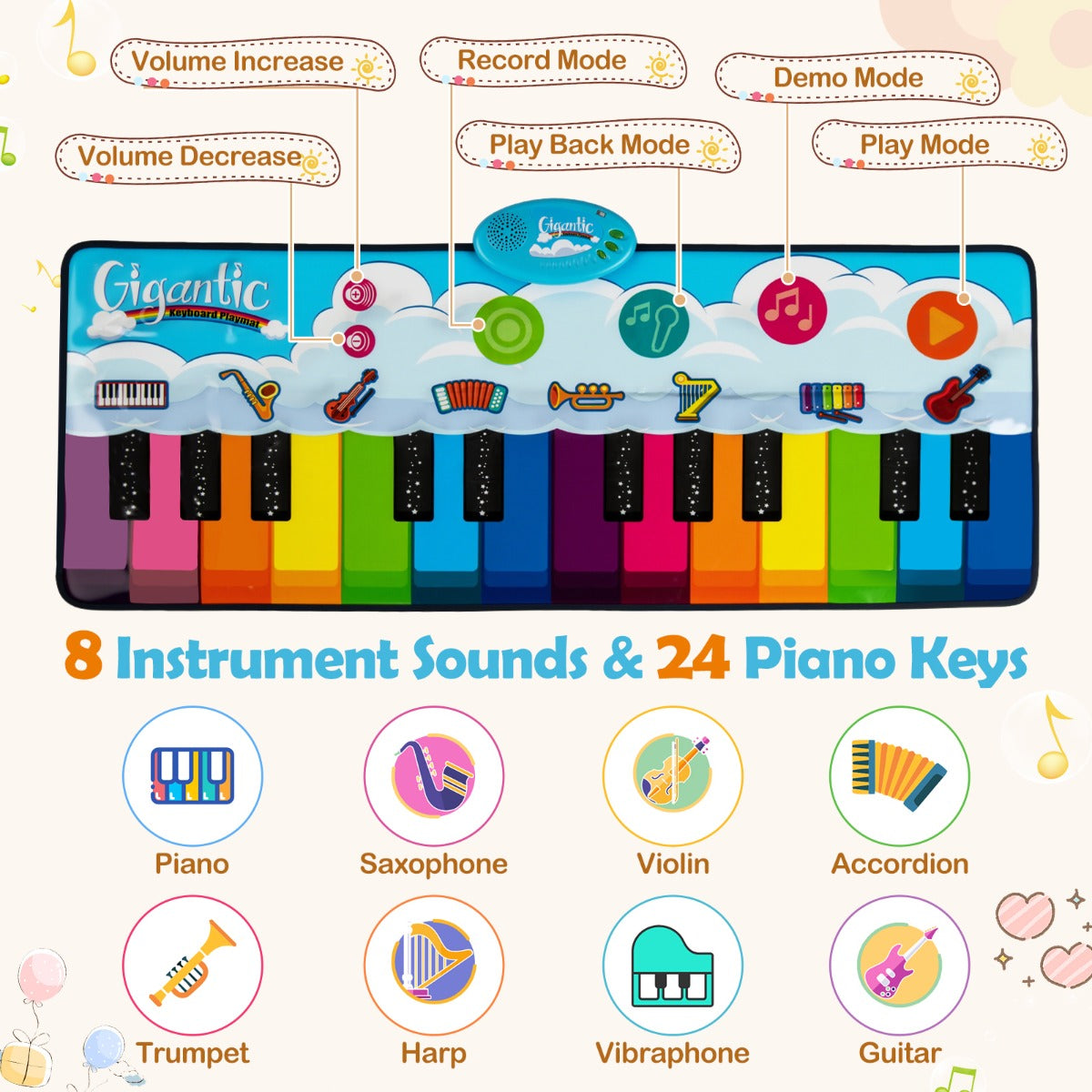 LIVSK Muziekmat voor Kinderen - 24 Pianotoetsen - 8 Instrumentgeluiden - Opnamefunctie - Antislip - Opvouwbaar - 120 x 47 cm -