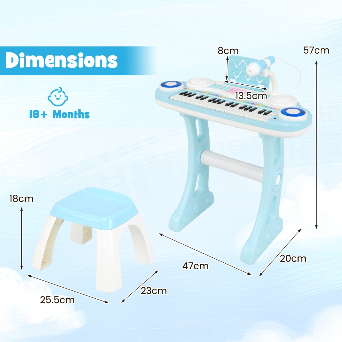 LIVSK Kinderpiano met 37 Toetsen - 8 Ritmes en 4 Percussies - Opnamefunctie en Microfoon - Veilig ABS - Roze / Blauw