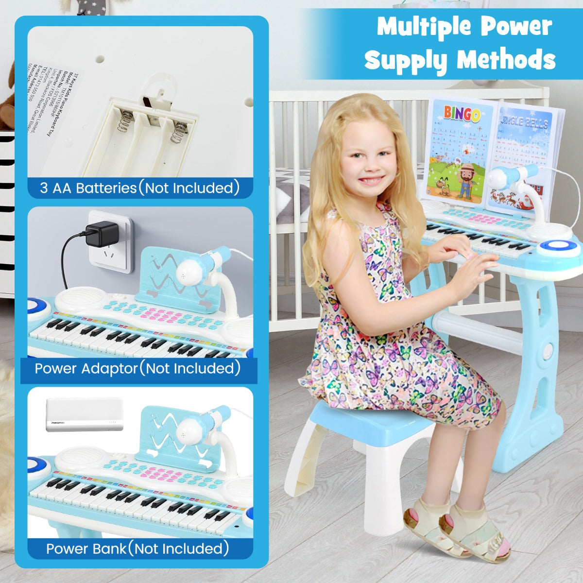 LIVSK Kinderpiano met 37 Toetsen - 8 Ritmes en 4 Percussies - Opnamefunctie en Microfoon - Veilig ABS - Roze / Blauw
