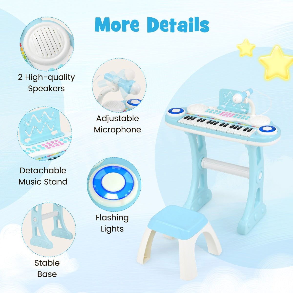 LIVSK Kinderpiano met 37 Toetsen - 8 Ritmes en 4 Percussies - Opnamefunctie en Microfoon - Veilig ABS - Roze / Blauw