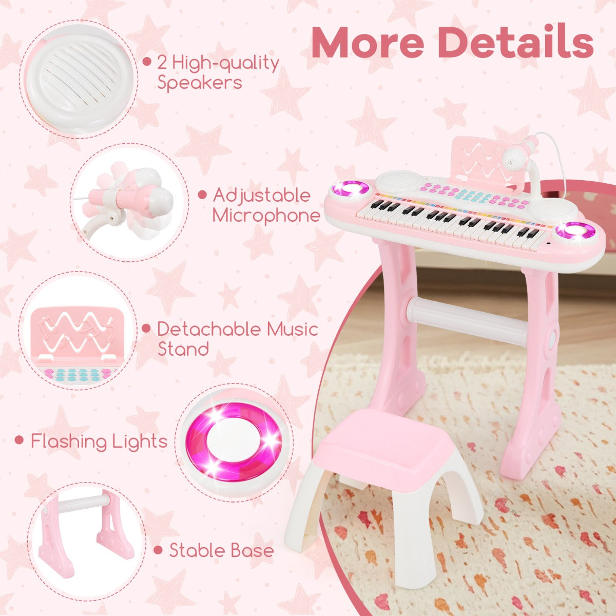 LIVSK Kinderpiano met 37 Toetsen - Opname- en Afspeelfunctie - Karaoke Microfoon - 8 Ritmes en Geluiden - Roze