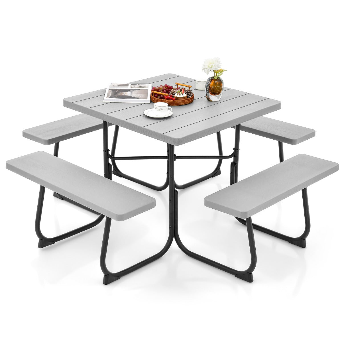 LIVSK Picknicktafelset - Ruimte voor 8 Personen - Weerbestendig HDPE - Gepoedercoat Metaal - Met Parasolgat - 170 x 170 x 76 cm -