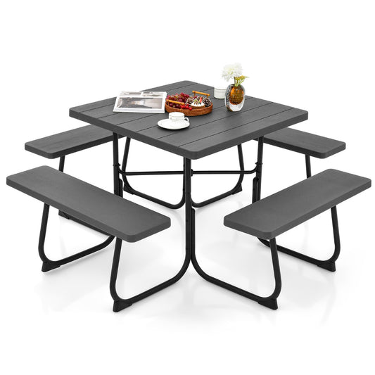LIVSK Picknicktafelset - Ruimte voor 8 Personen - HDPE Waterdicht en Barstbestendig - Gepoedercoat Metalen Frame - Zwart