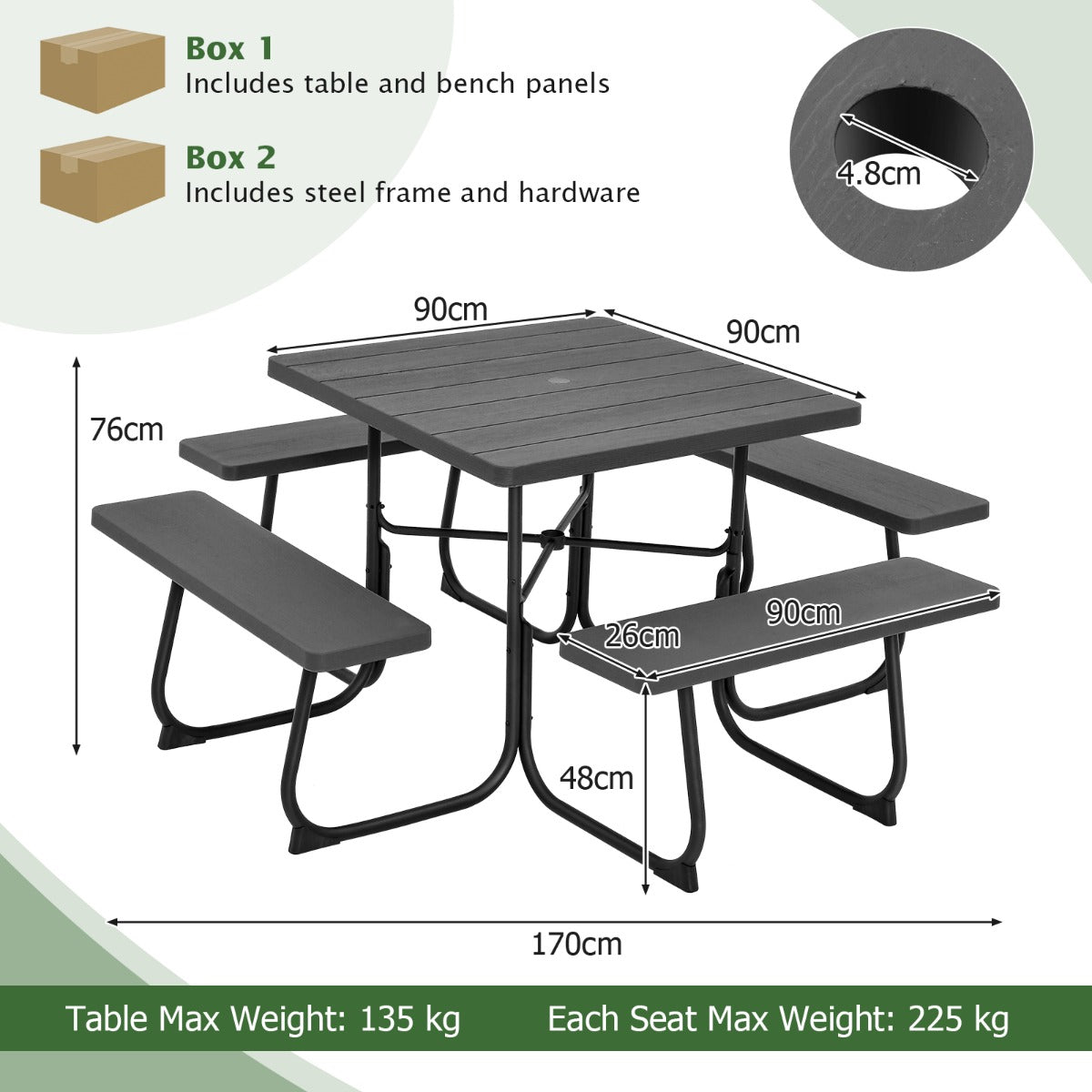 LIVSK Picknicktafelset - Ruimte voor 8 Personen - HDPE Waterdicht en Barstbestendig - Gepoedercoat Metalen Frame - Zwart