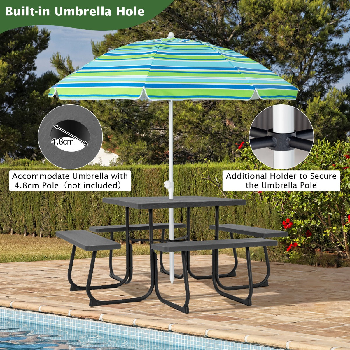 LIVSK Picknicktafelset - Ruimte voor 8 Personen - HDPE Waterdicht en Barstbestendig - Gepoedercoat Metalen Frame - Zwart