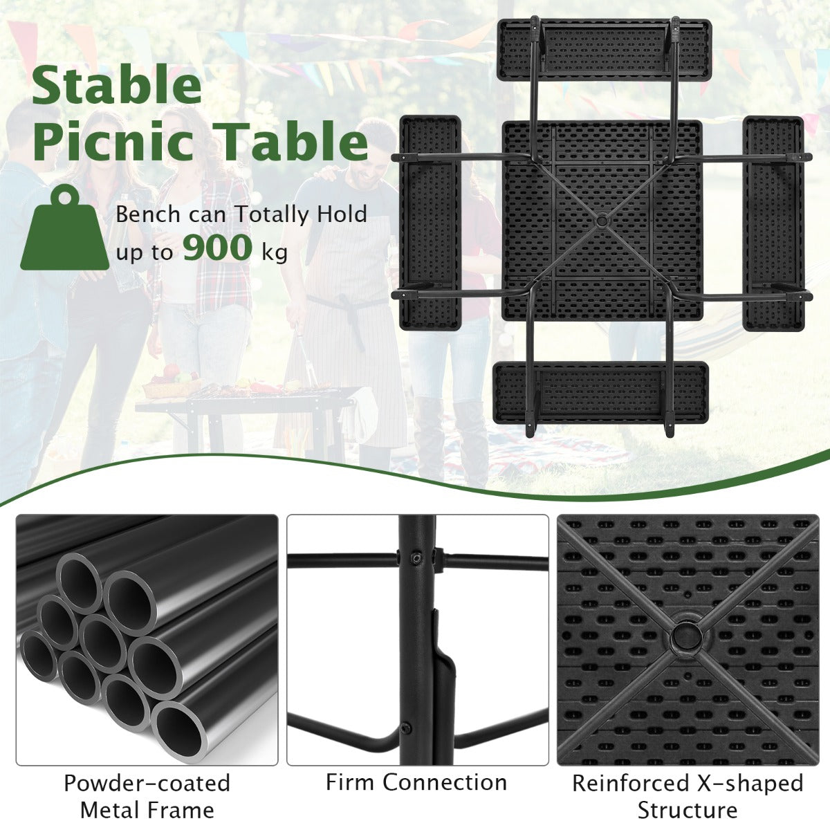 LIVSK Picknicktafelset - Ruimte voor 8 Personen - HDPE Waterdicht en Barstbestendig - Gepoedercoat Metalen Frame - Zwart