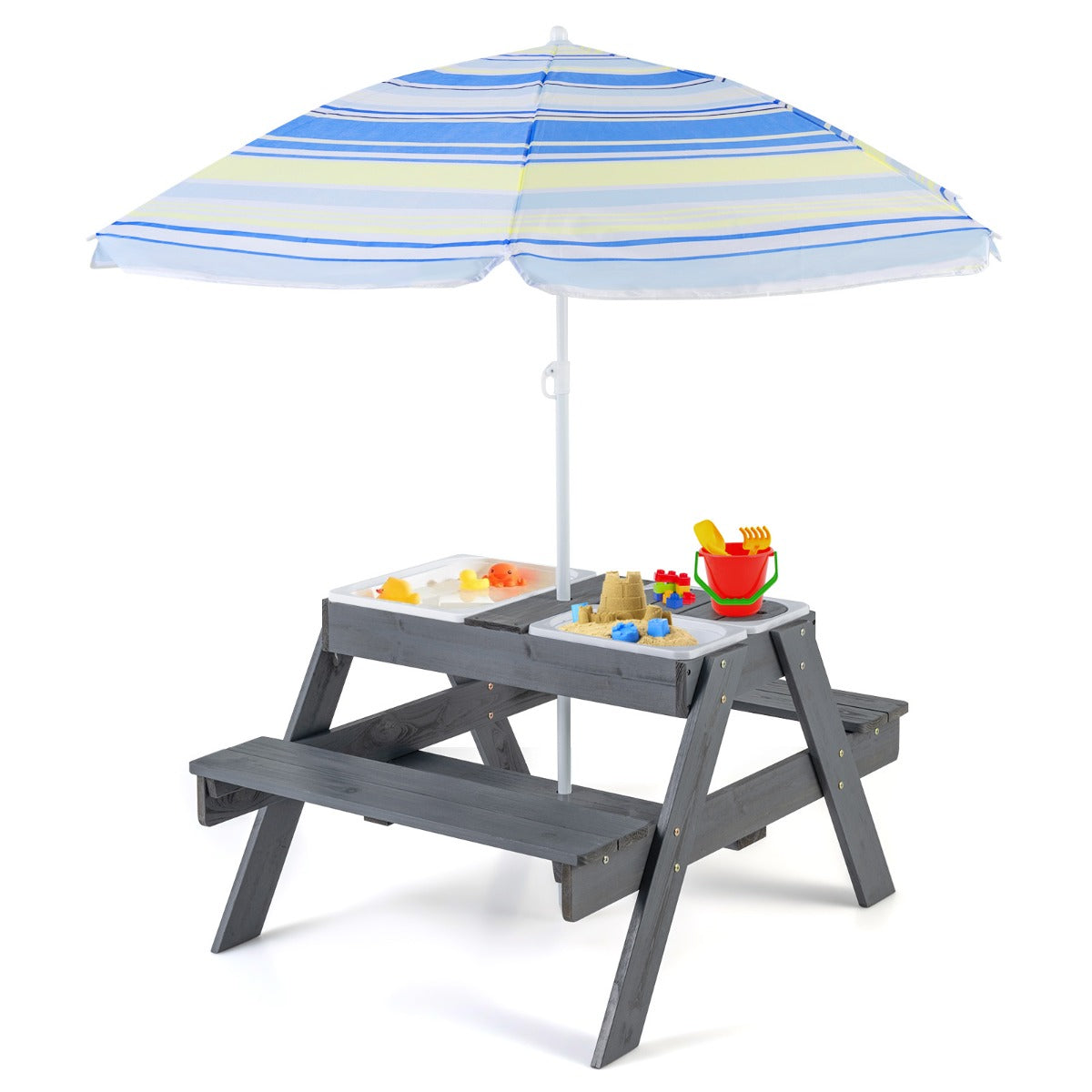 Livsk costway picknicktafelset voor kinderen 4 in 1 speeltafel met 3 verwijderbare containers voor zand en water met verstelbare parasol