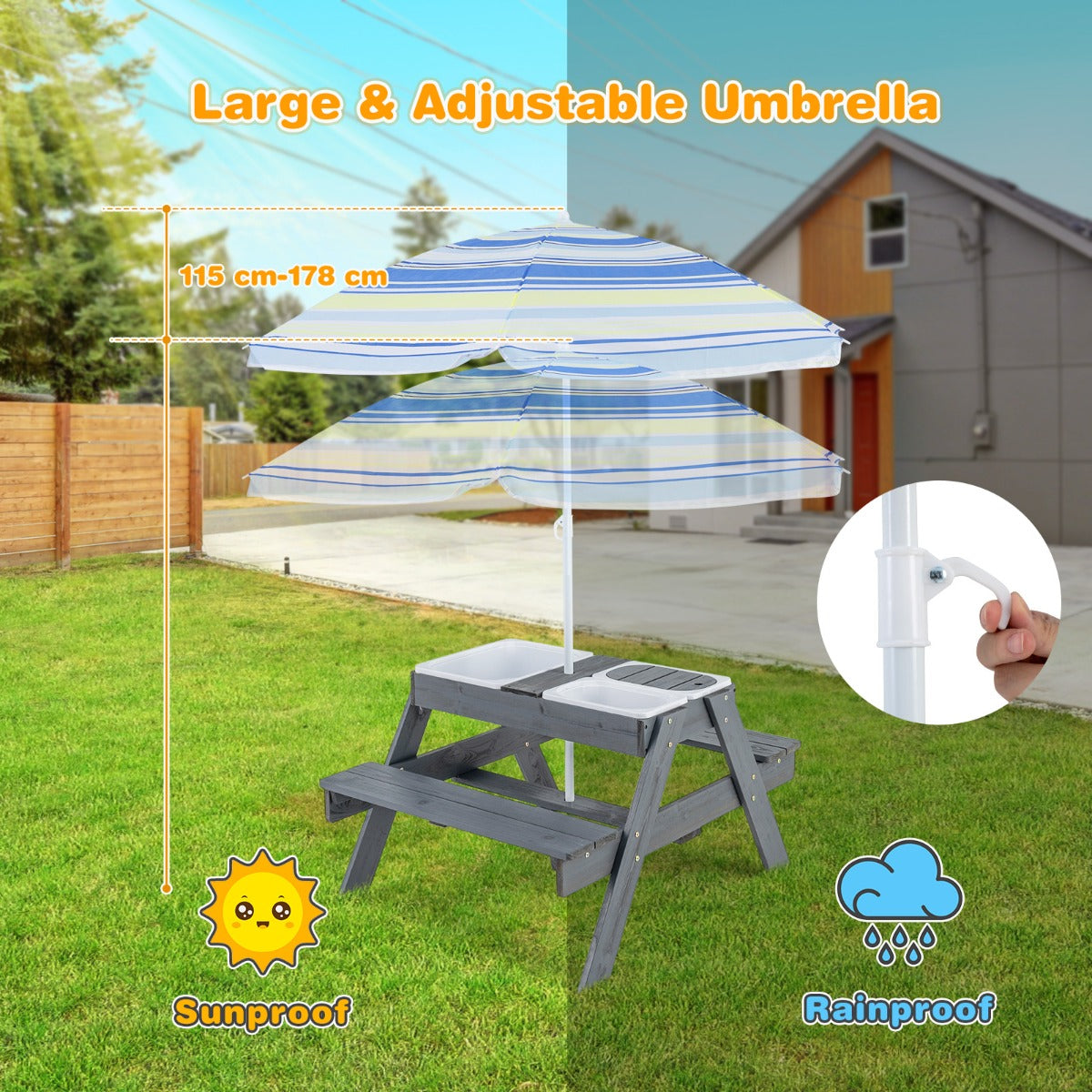 Livsk costway picknicktafelset voor kinderen 4 in 1 speeltafel met 3 verwijderbare containers voor zand en water met verstelbare parasol 3