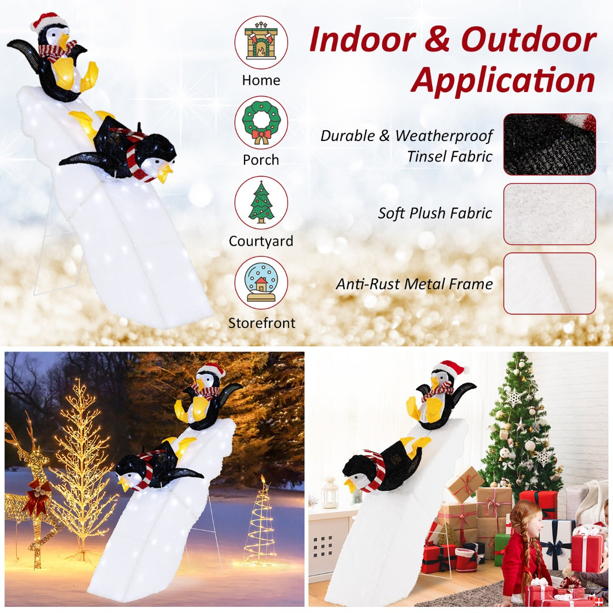 LIVSK Verlichte Kerst Pinguïn en Glijbaan Decoratie - 130 LED - lampen - Stabiele Constructie - Voor Binnen en Buiten - 120 cm