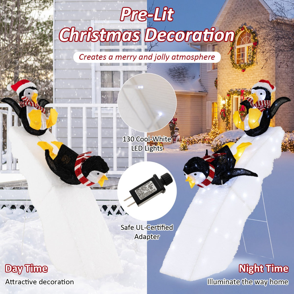 LIVSK Verlichte Kerst Pinguïn en Glijbaan Decoratie - 130 LED - lampen - Stabiele Constructie - Voor Binnen en Buiten - 120 cm