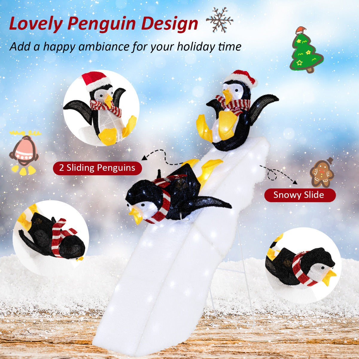 LIVSK Verlichte Kerst Pinguïn en Glijbaan Decoratie - 130 LED - lampen - Stabiele Constructie - Voor Binnen en Buiten - 120 cm