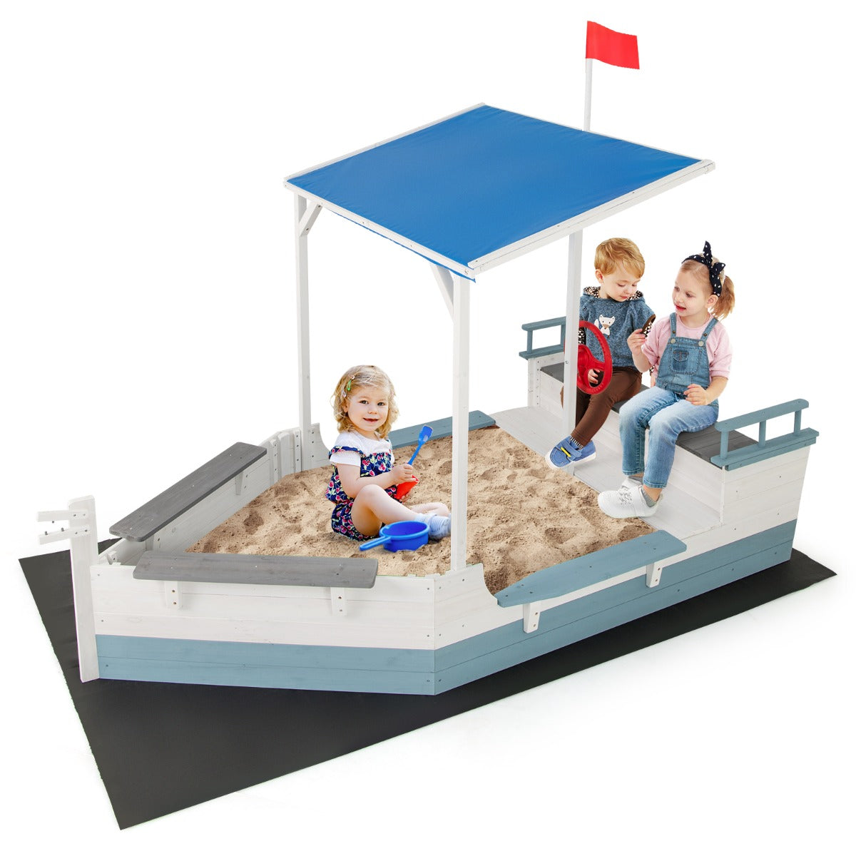 LIVSK Zandbak Piratenschip - Stevig Dennenhout met Dak - Voor 2 Kinderen - Opbergruimte - 218 x 110 x 162 cm - Blauw