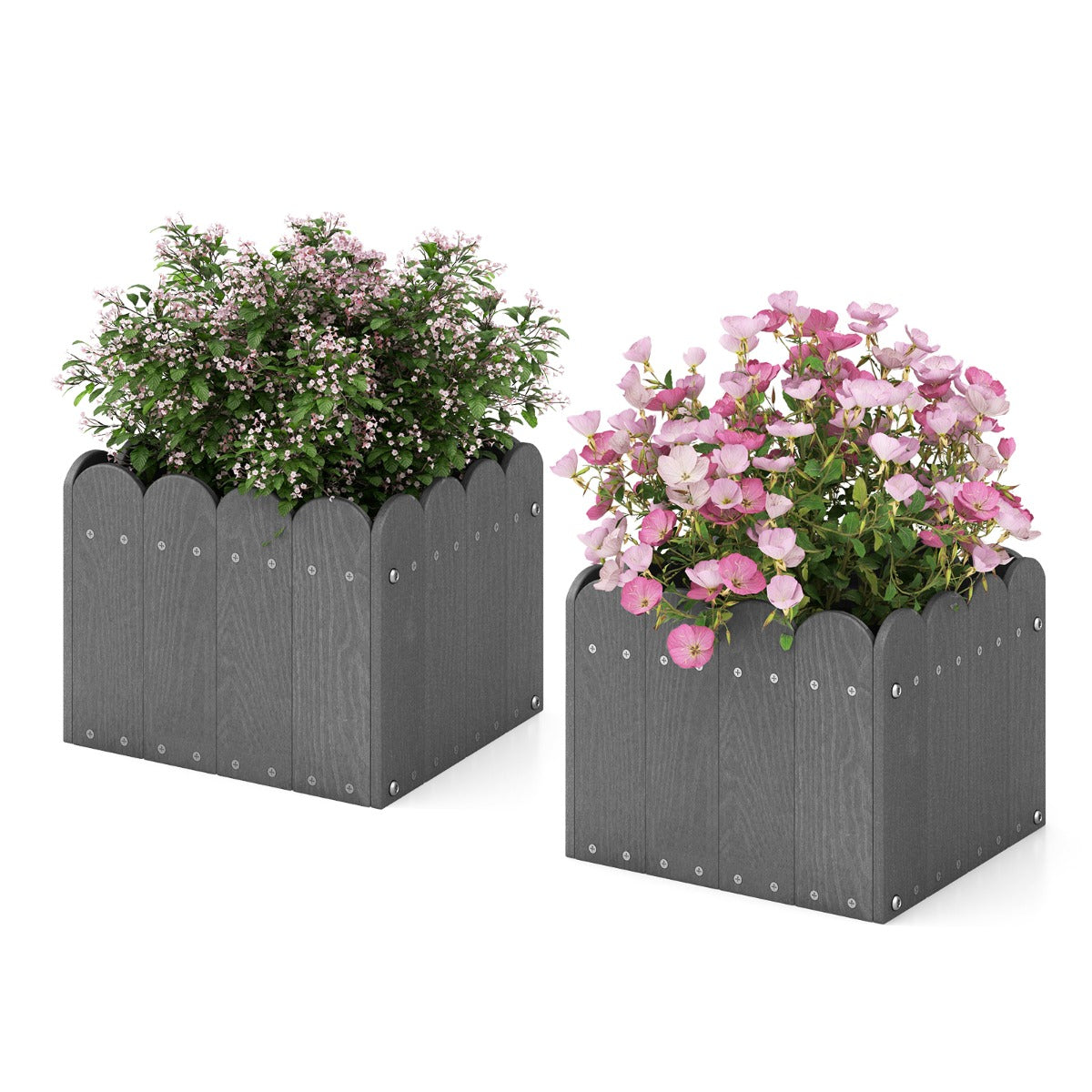 LIVSK Set van 2 Weerbestendige Tuinbloembakken - HDPE met Afvoergaten - Rustiek Hekdesign - Voor Planten en Bloemen - Grijs
