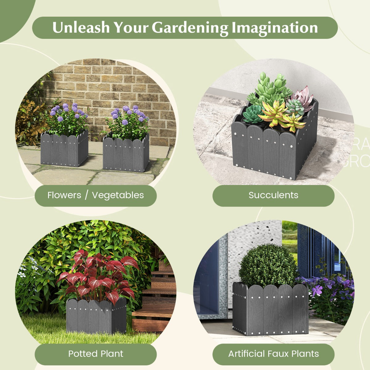 LIVSK Set van 2 Weerbestendige Tuinbloembakken - HDPE met Afvoergaten - Rustiek Hekdesign - Voor Planten en Bloemen - Grijs