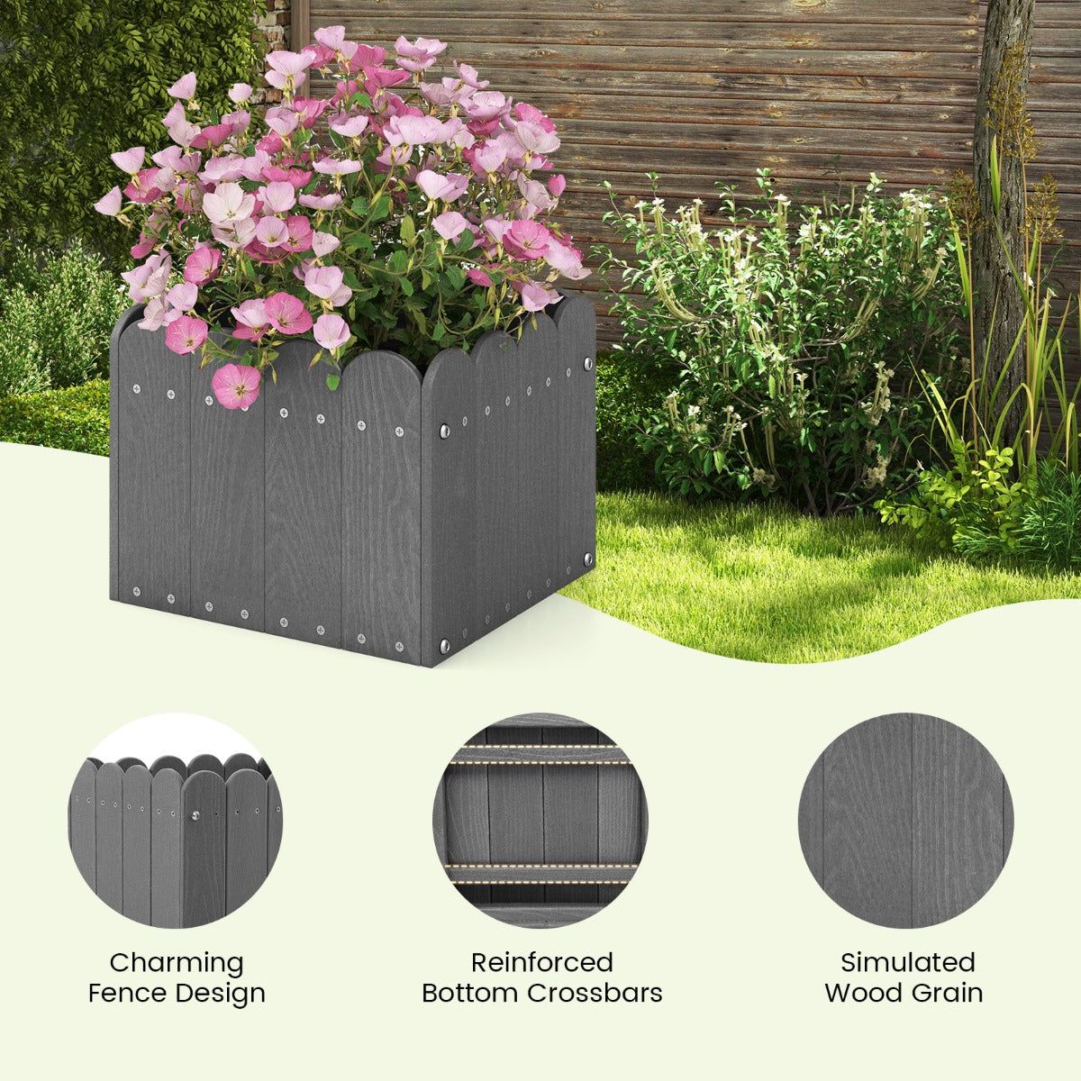 LIVSK Set van 2 Weerbestendige Tuinbloembakken - HDPE met Afvoergaten - Rustiek Hekdesign - Voor Planten en Bloemen - Grijs