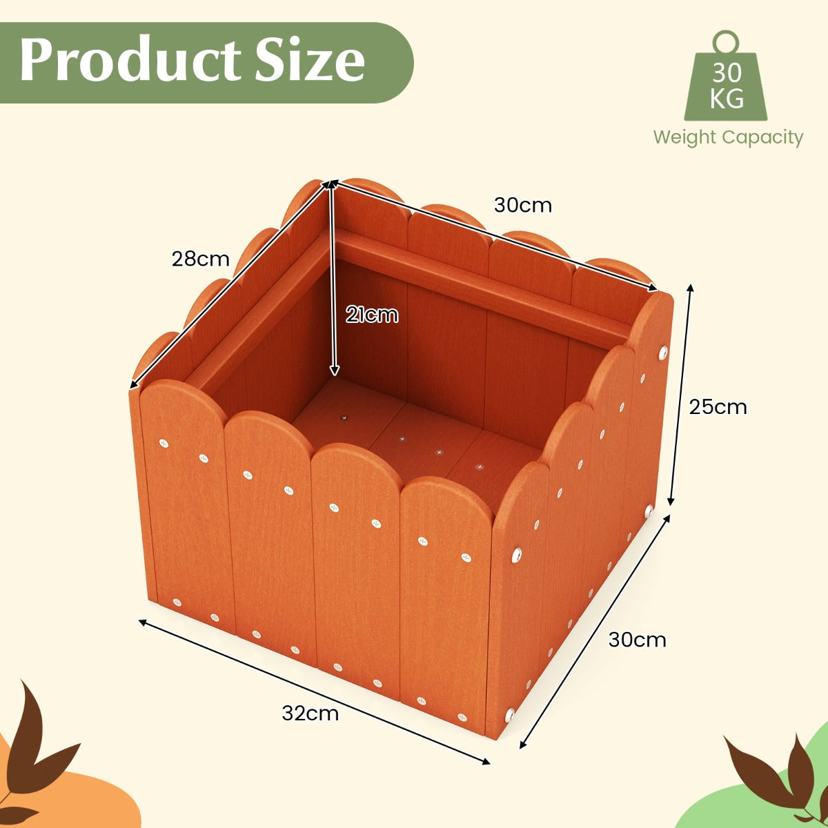 LIVSK Tuinbed Plantenbak Set van 2 - Weerbestendig HDPE met Afvoergaten - Rustiek Design - 32 x 30 x 25 cm - Oranje