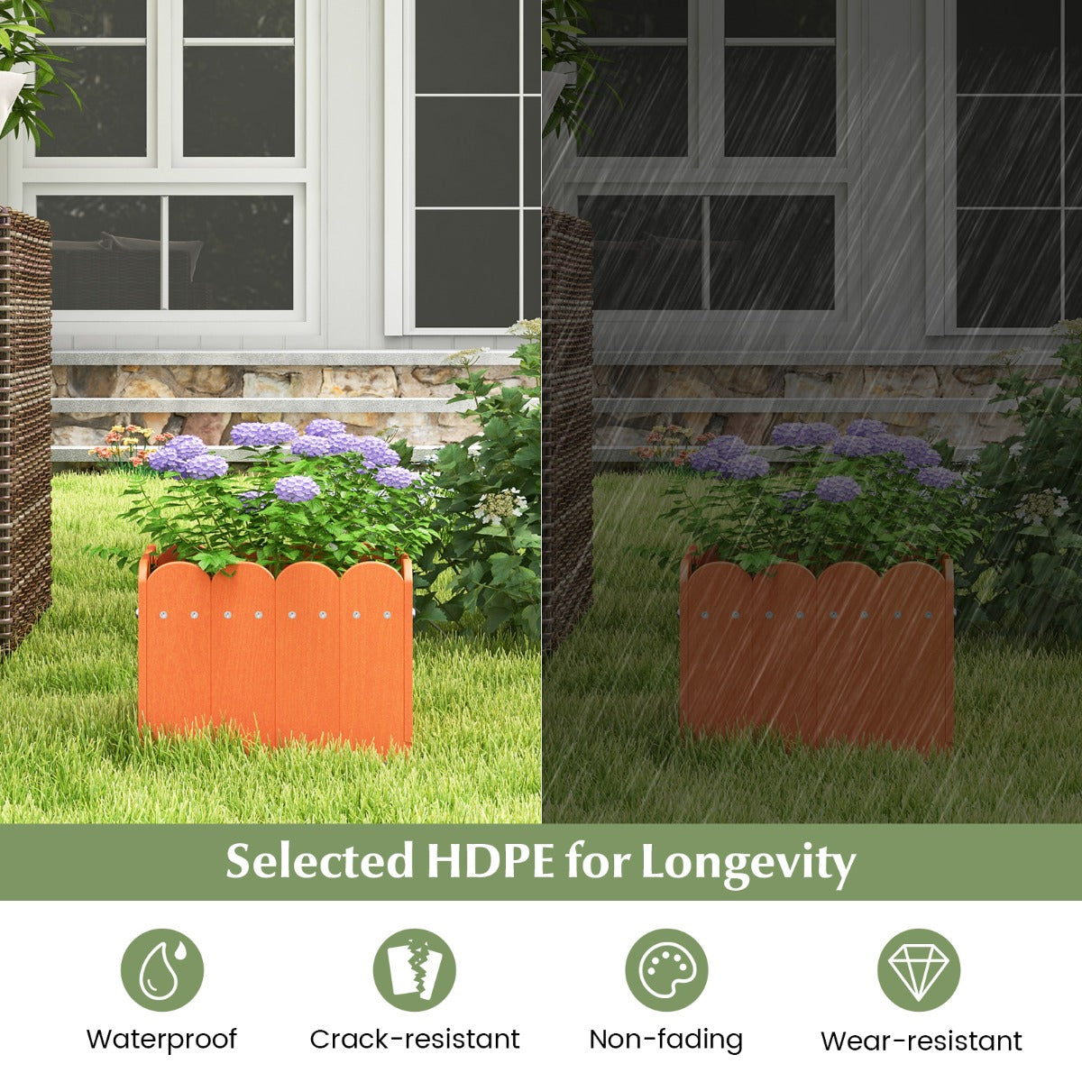 LIVSK Tuinbed Plantenbak Set van 2 - Weerbestendig HDPE met Afvoergaten - Rustiek Design - 32 x 30 x 25 cm - Oranje