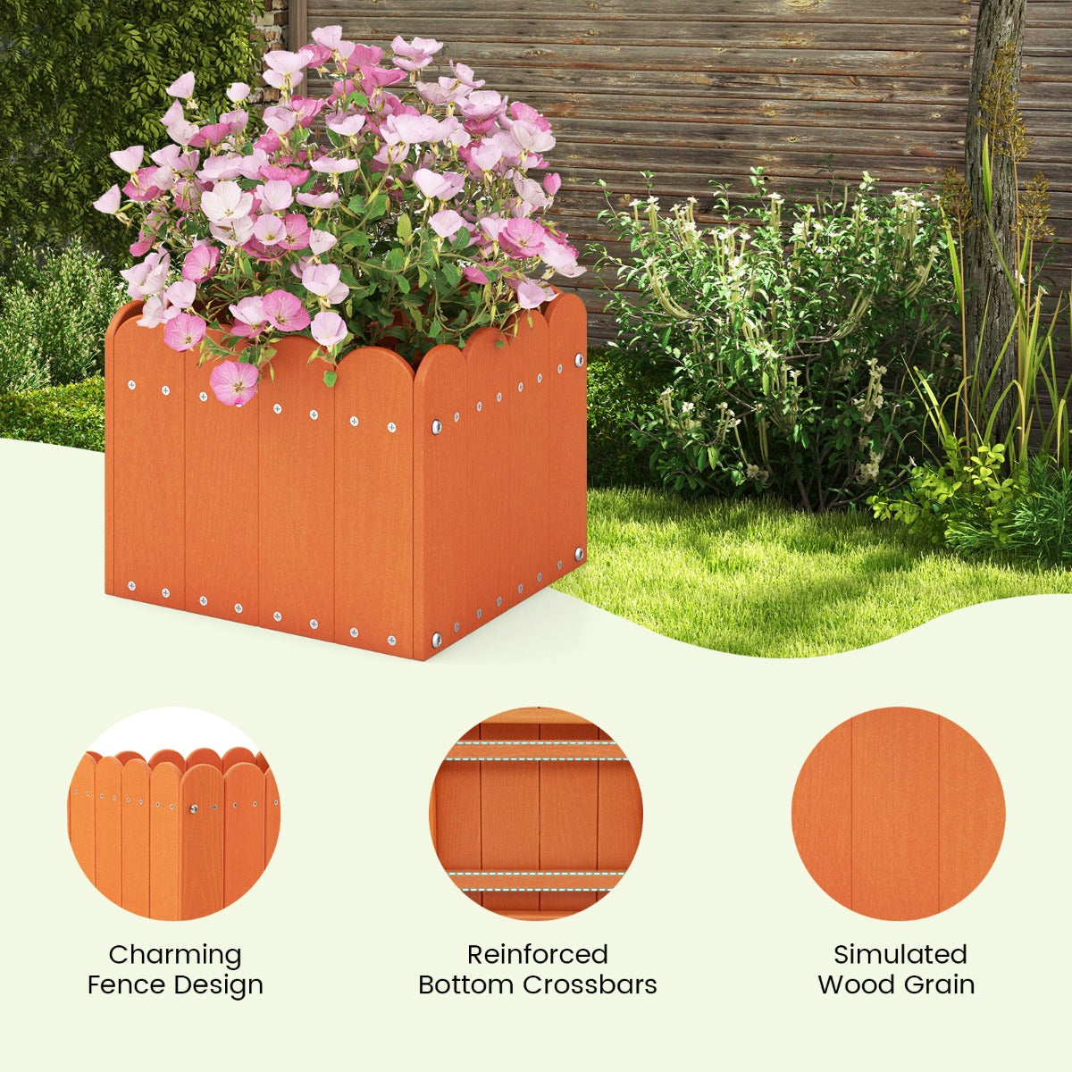 LIVSK Tuinbed Plantenbak Set van 2 - Weerbestendig HDPE met Afvoergaten - Rustiek Design - 32 x 30 x 25 cm - Oranje