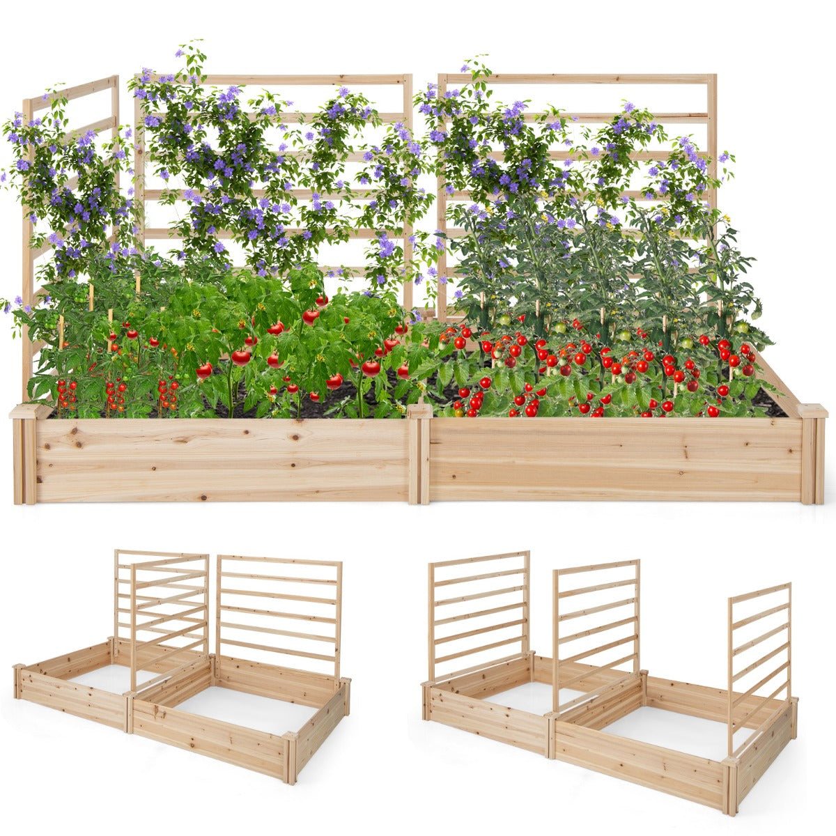 LIVSK Verhoogd Tuinbed met 2 Plantenbakken en 3 Klimpanelen - Duurzaam Dennenhout - Open Basis voor Goede Drainage - Natuurlijk
