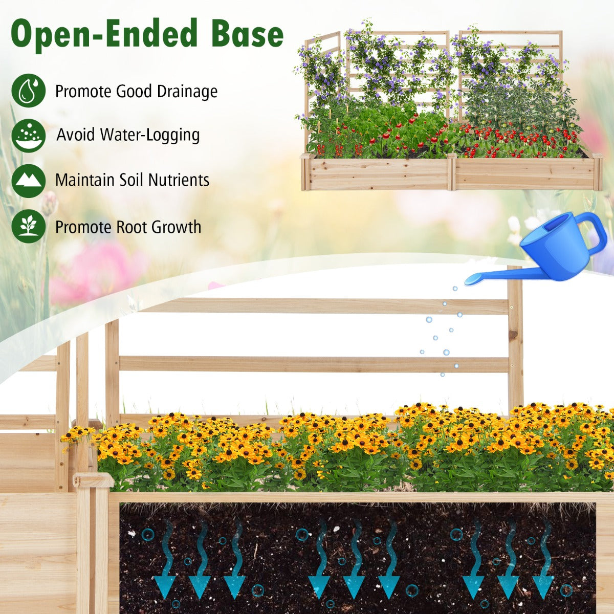LIVSK Verhoogd Tuinbed met 2 Plantenbakken en 3 Klimpanelen - Duurzaam Dennenhout - Open Basis voor Goede Drainage - Natuurlijk