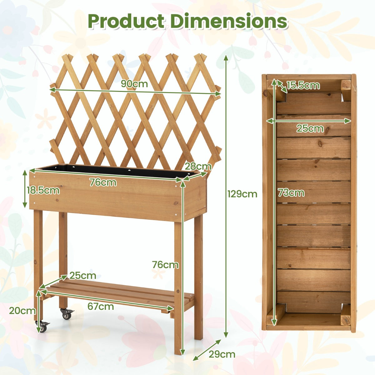 LIVSK Houten Verhoogd Tuinbed met Hekwerk - Voor Bloemen en Kruiden - Waterafvoer - Vergrendelbare Wielen - 90 x 29 x 129 cm -