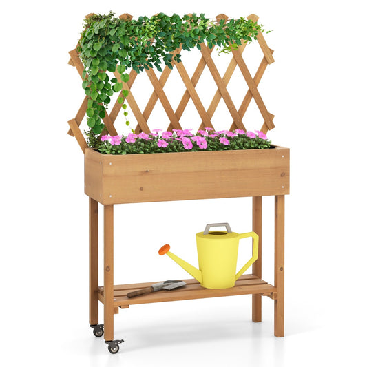 LIVSK Houten Verhoogd Tuinbed met Hekwerk - Voor Bloemen en Kruiden - Waterafvoer - Vergrendelbare Wielen - 90 x 29 x 129 cm -