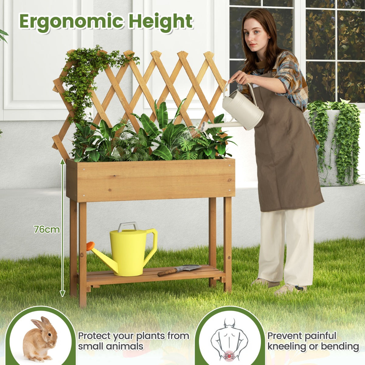 LIVSK Houten Verhoogd Tuinbed met Hekwerk - Voor Bloemen en Kruiden - Waterafvoer - Vergrendelbare Wielen - 90 x 29 x 129 cm -