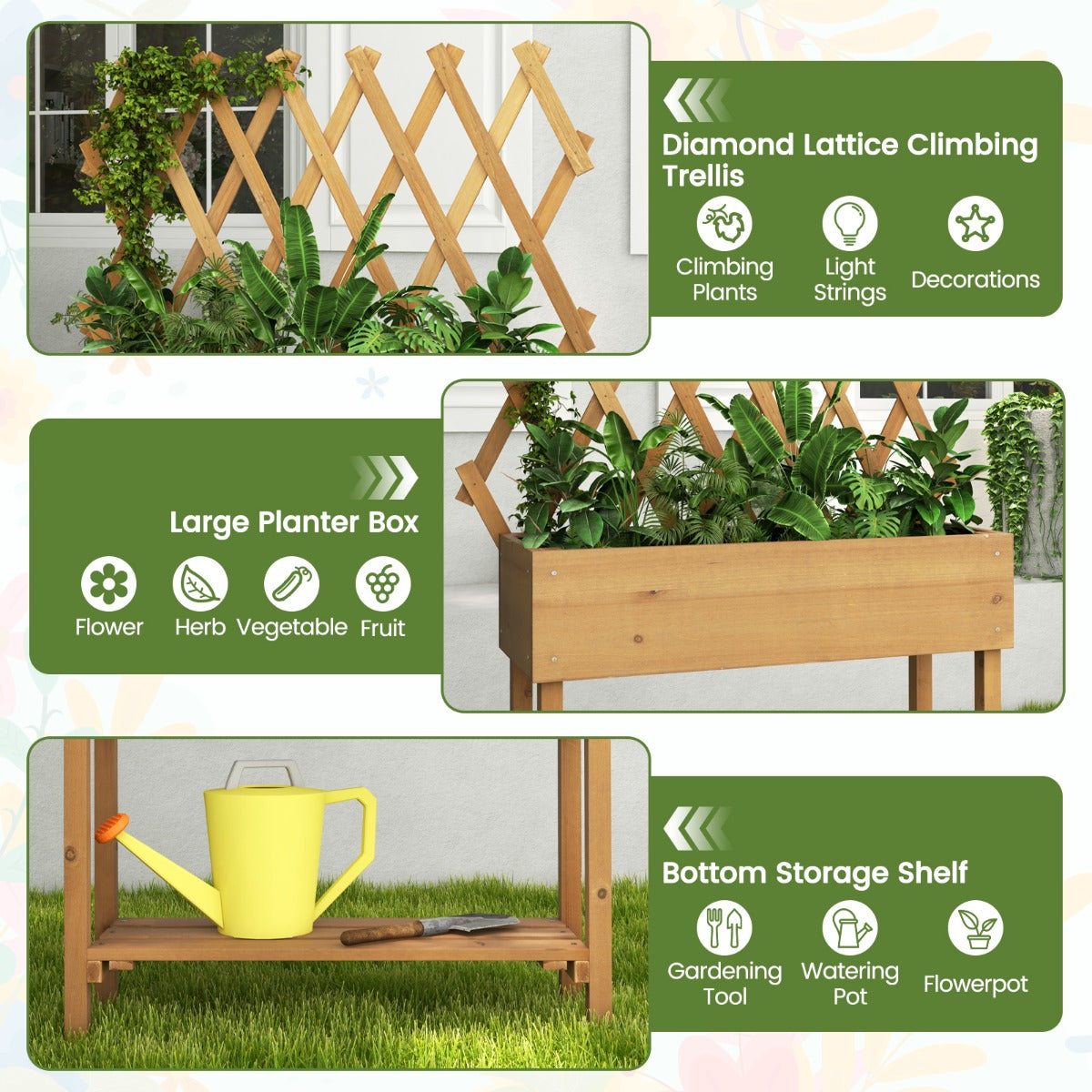 LIVSK Houten Verhoogd Tuinbed met Hekwerk - Voor Bloemen en Kruiden - Waterafvoer - Vergrendelbare Wielen - 90 x 29 x 129 cm -