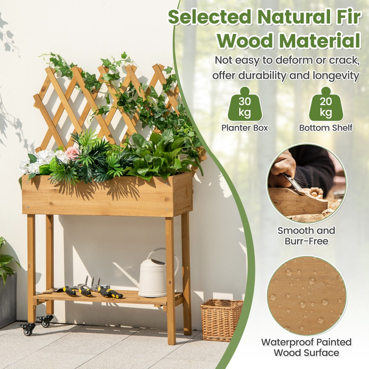 LIVSK Houten Verhoogd Tuinbed met Hekwerk - Voor Bloemen en Kruiden - Waterafvoer - Vergrendelbare Wielen - 90 x 29 x 129 cm -