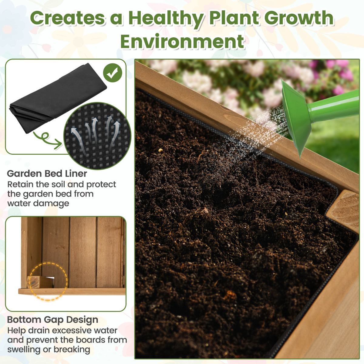 LIVSK Houten Verhoogd Tuinbed met Hekwerk - Voor Bloemen en Kruiden - Waterafvoer - Vergrendelbare Wielen - 90 x 29 x 129 cm -