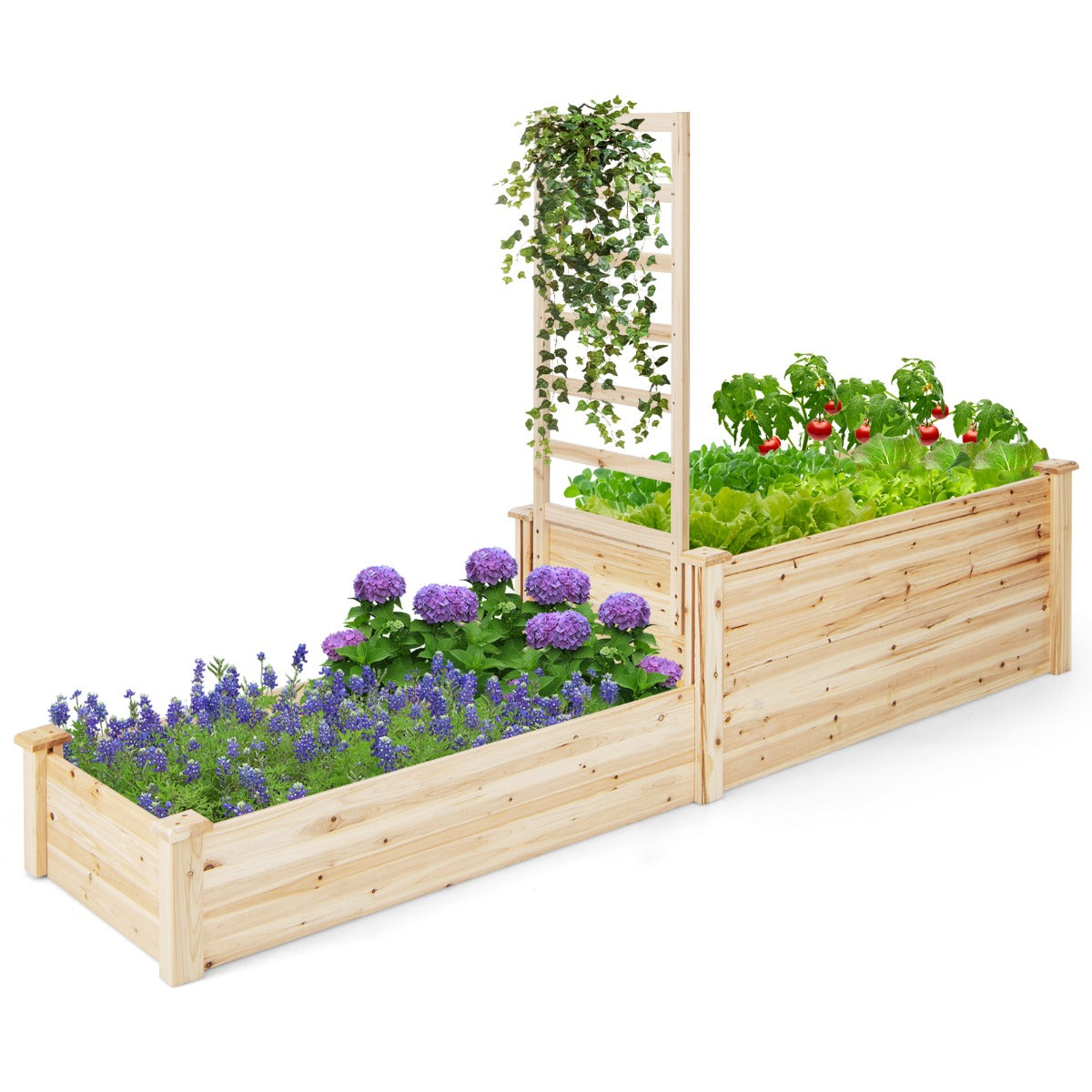 LIVSK Verhoogd Bloembed met Rankrooster - Natuurlijk Dennenhout - 2 Diepten - Duurzaam en Veilig - 223 x 64 x 134 cm - Natuurlijk