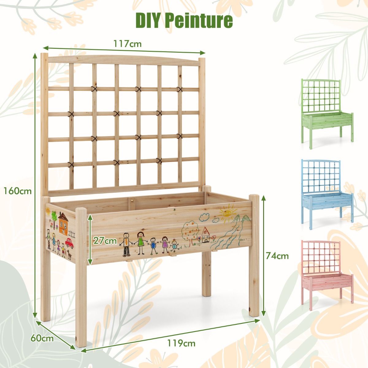 LIVSK Verhoogde Houten Tuinbak met Trellis - Ergonomische Hoogte 74 cm - Drainagegaten - Draagvermogen 80 kg - 119 x 60 x 160 cm
