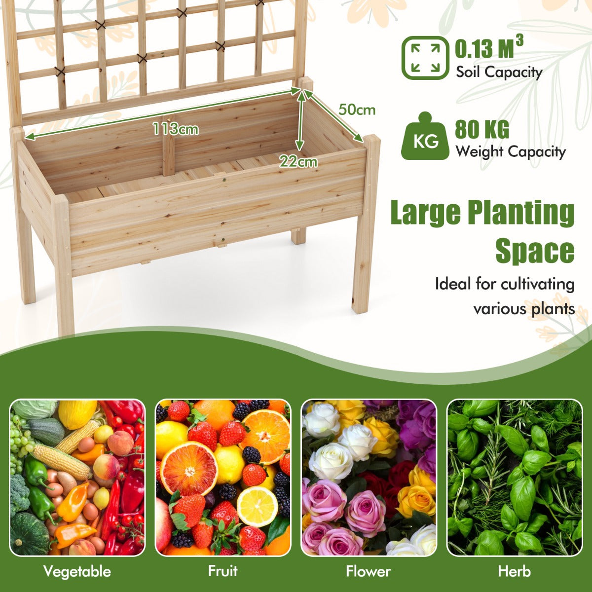 LIVSK Verhoogde Houten Tuinbak met Trellis - Ergonomische Hoogte 74 cm - Drainagegaten - Draagvermogen 80 kg - 119 x 60 x 160 cm