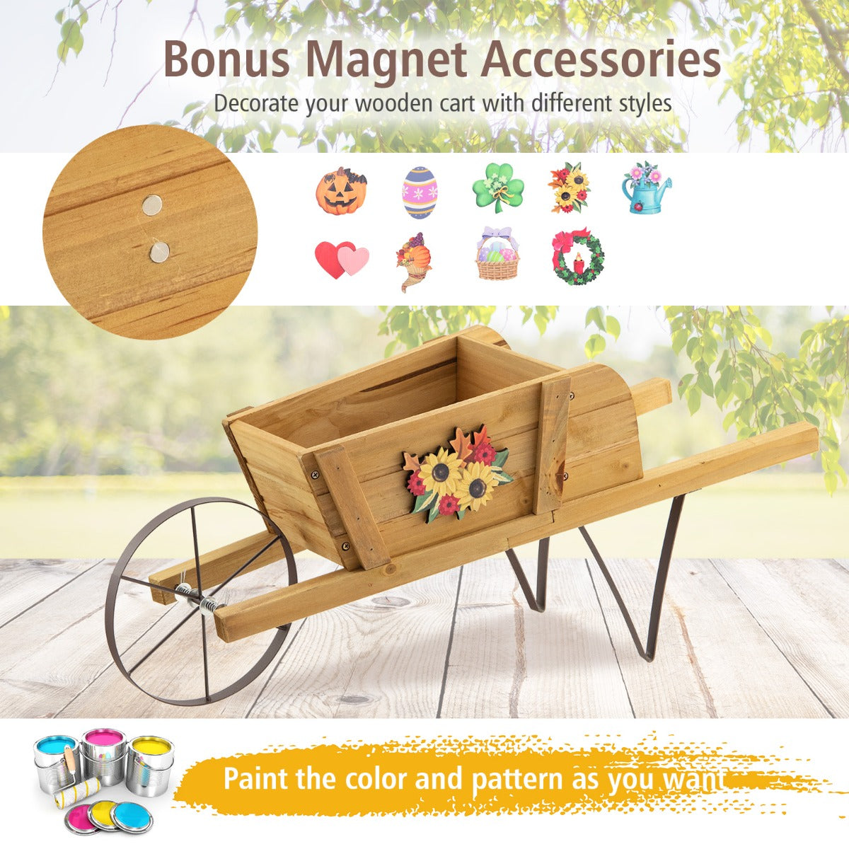 LIVSK Houten Plantenbak in Kruiwagenstijl - Inclusief 9 Magnetische Accessoires - Stevig Dennenhout - Multifunctioneel -