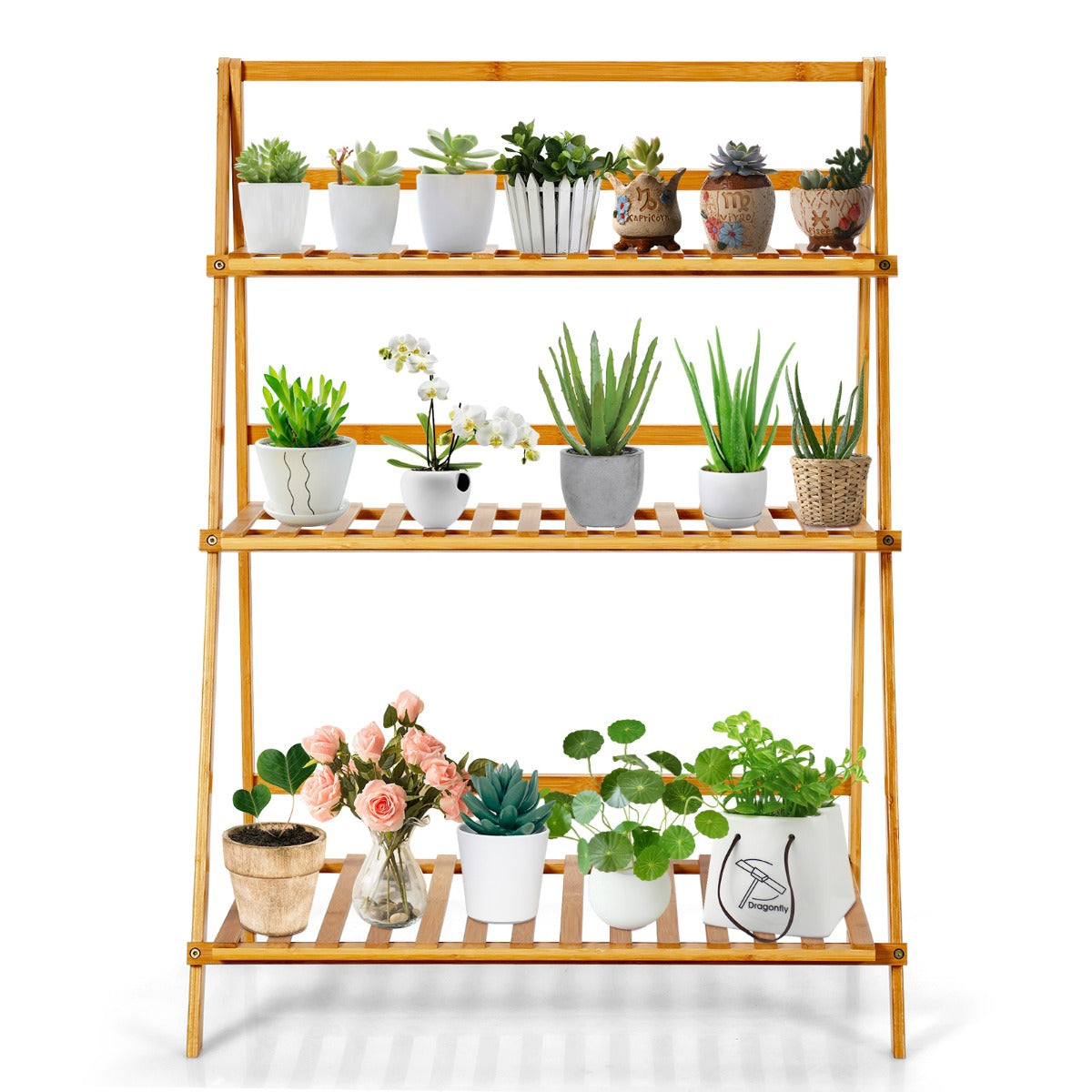 Livsk costway plantenladder met 3 niveaus inklapbaar plantenrek bamboe bloemenrek bloemenstandaard voor binnen en buiten bloementrap ladderrek 1 1