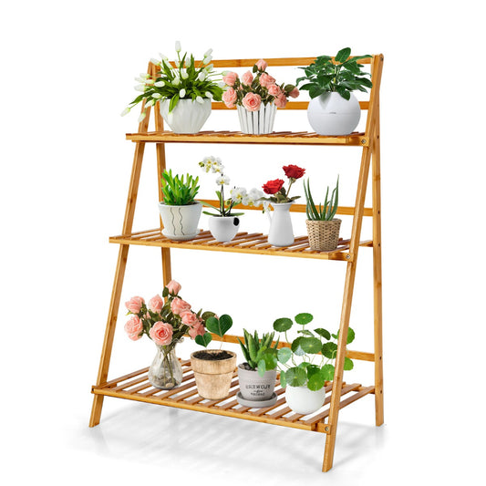 Livsk costway plantenladder met 3 niveaus inklapbaar plantenrek bamboe bloemenrek bloemenstandaard voor binnen en buiten bloementrap ladderrek