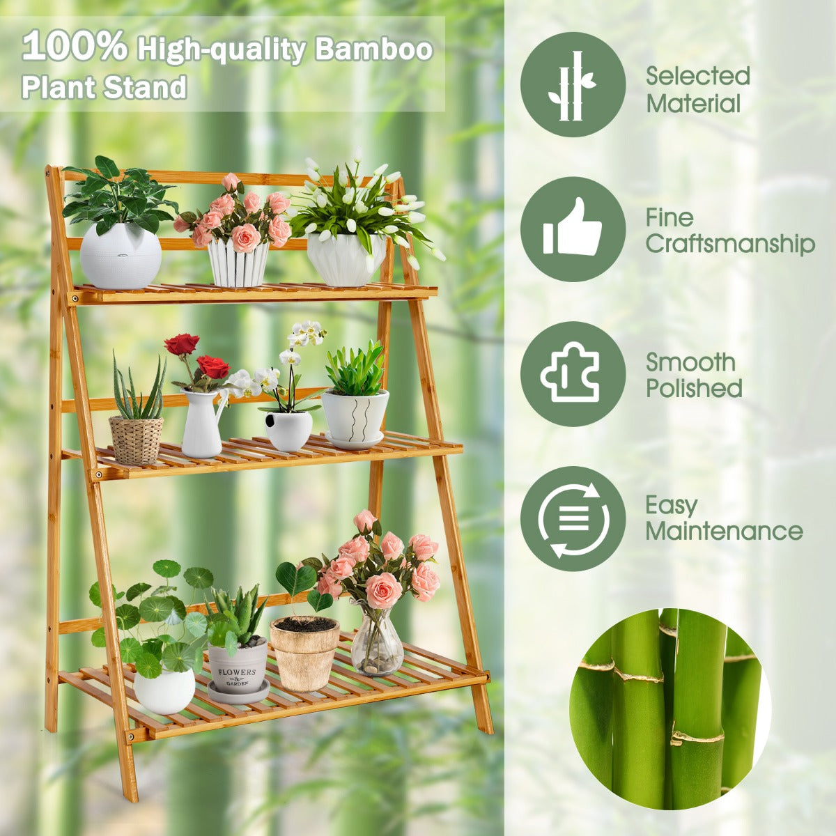 Livsk costway plantenladder met 3 niveaus inklapbaar plantenrek bamboe bloemenrek bloemenstandaard voor binnen en buiten bloementrap ladderrek 3