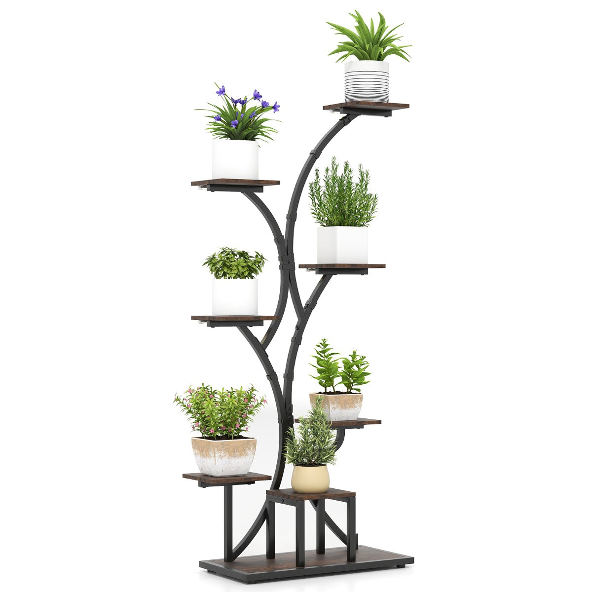 LIVSK Plantenstandaard met LED-groeilampen - 8 Niveaus - Instelbare Helderheid en Timer - Stabiel Metalen Frame - Bruin+Zwart