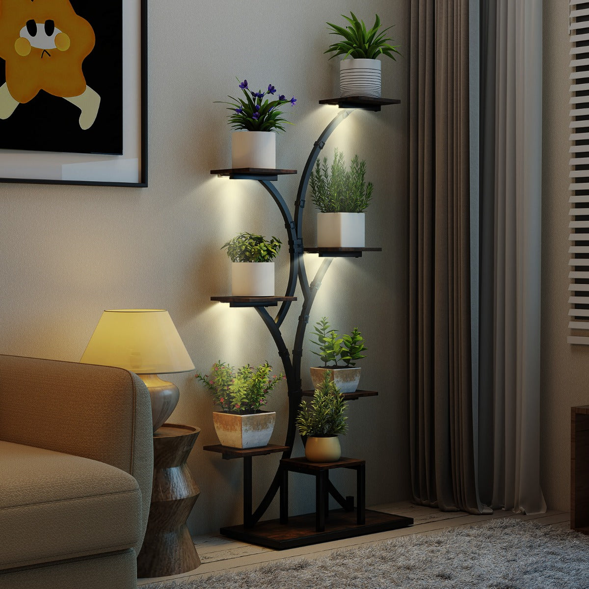 LIVSK Plantenstandaard met LED-groeilampen - 8 Niveaus - Instelbare Helderheid en Timer - Stabiel Metalen Frame - Bruin+Zwart