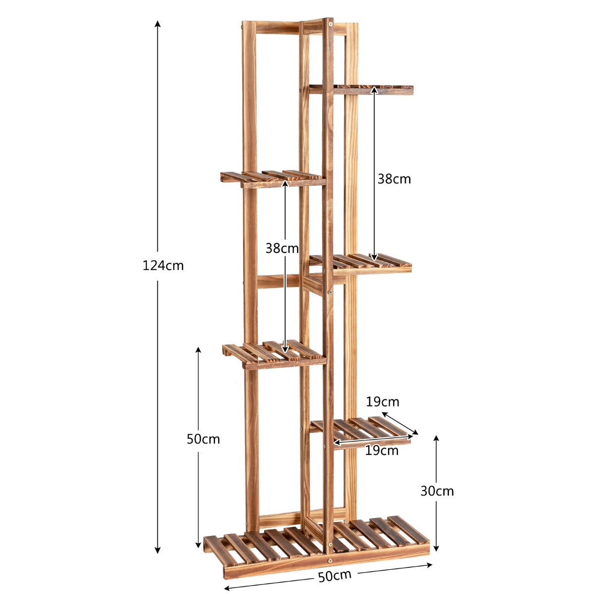 LIVSK Plantenrek van Grenenhout - Vrijstaand voor 7 Potplanten - Stabiele Constructie - Binnen en Buiten - 50 x 21 x 124 cm -