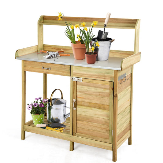 LIVSK Plantentafel met Onderkast en Laden - Robuust Dennenhout - Ruim Werkblad - 3 Haken - 112 x 46 x 125 cm - Naturel