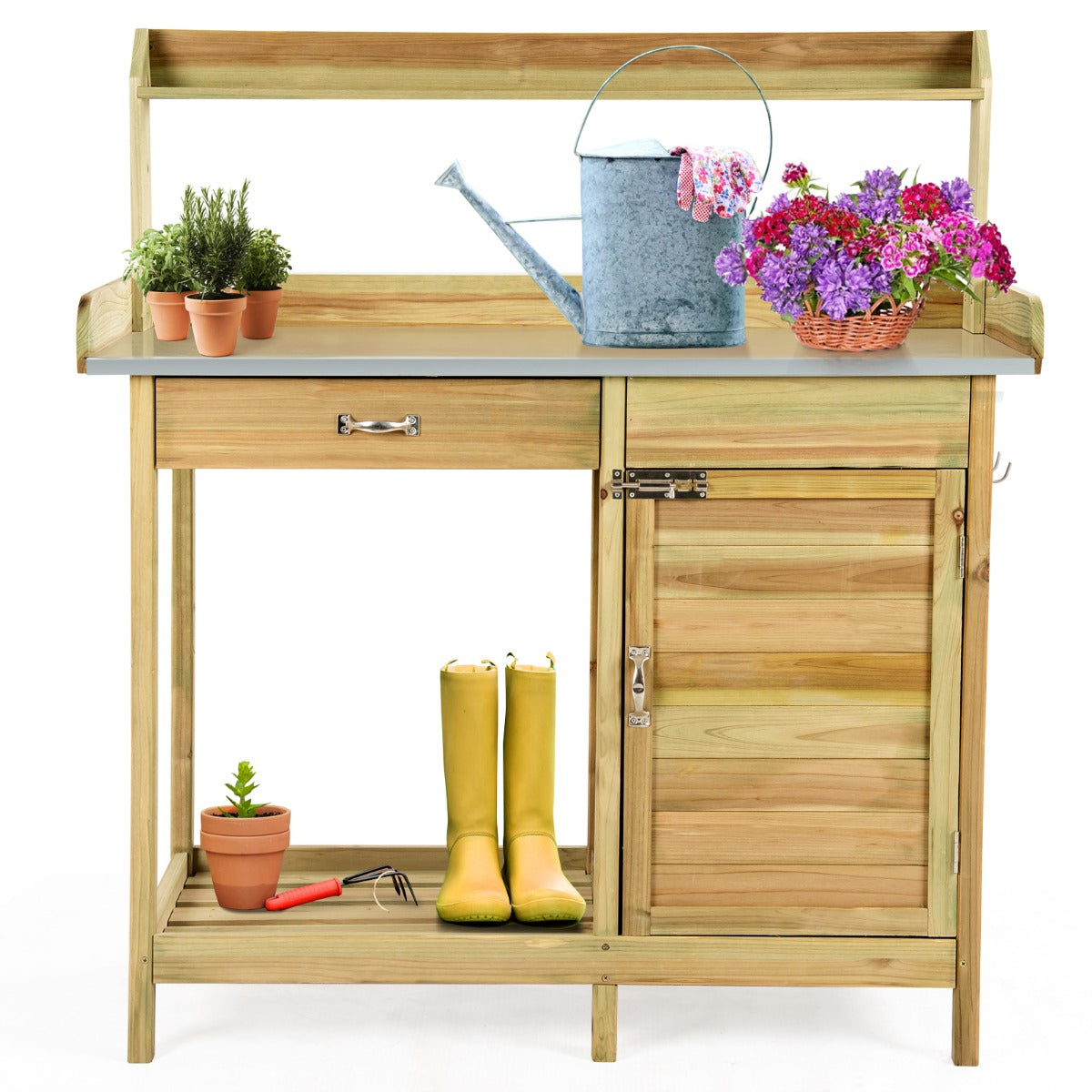 LIVSK Plantentafel met Onderkast en Laden - Robuust Dennenhout - Ruim Werkblad - 3 Haken - 112 x 46 x 125 cm - Naturel